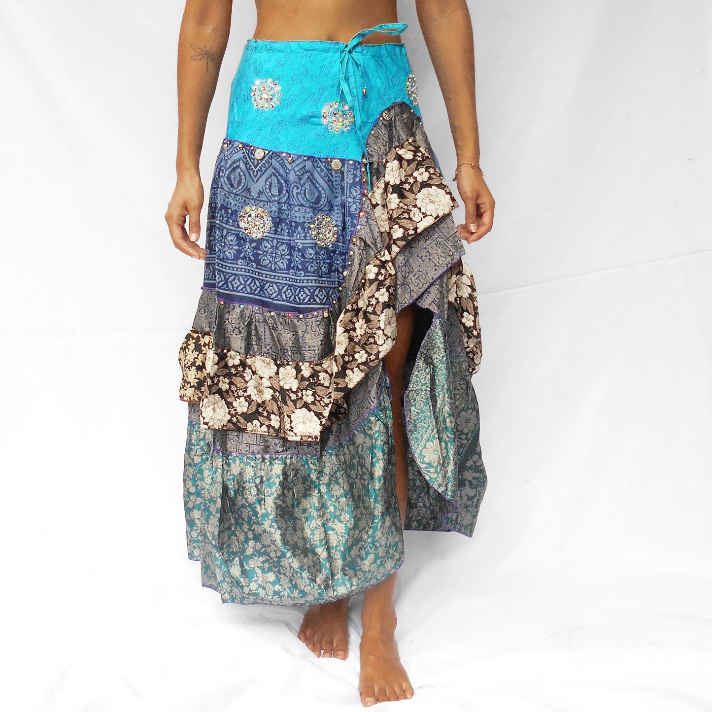 'Mystic Lagoon' Vintage Sari Drawstring Skirt | Hand-Embellished