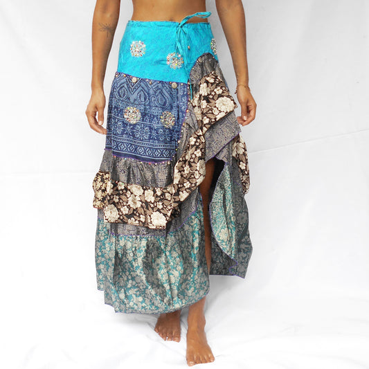 'Mystic Lagoon' Vintage Sari Drawstring Skirt | Hand-Embellished