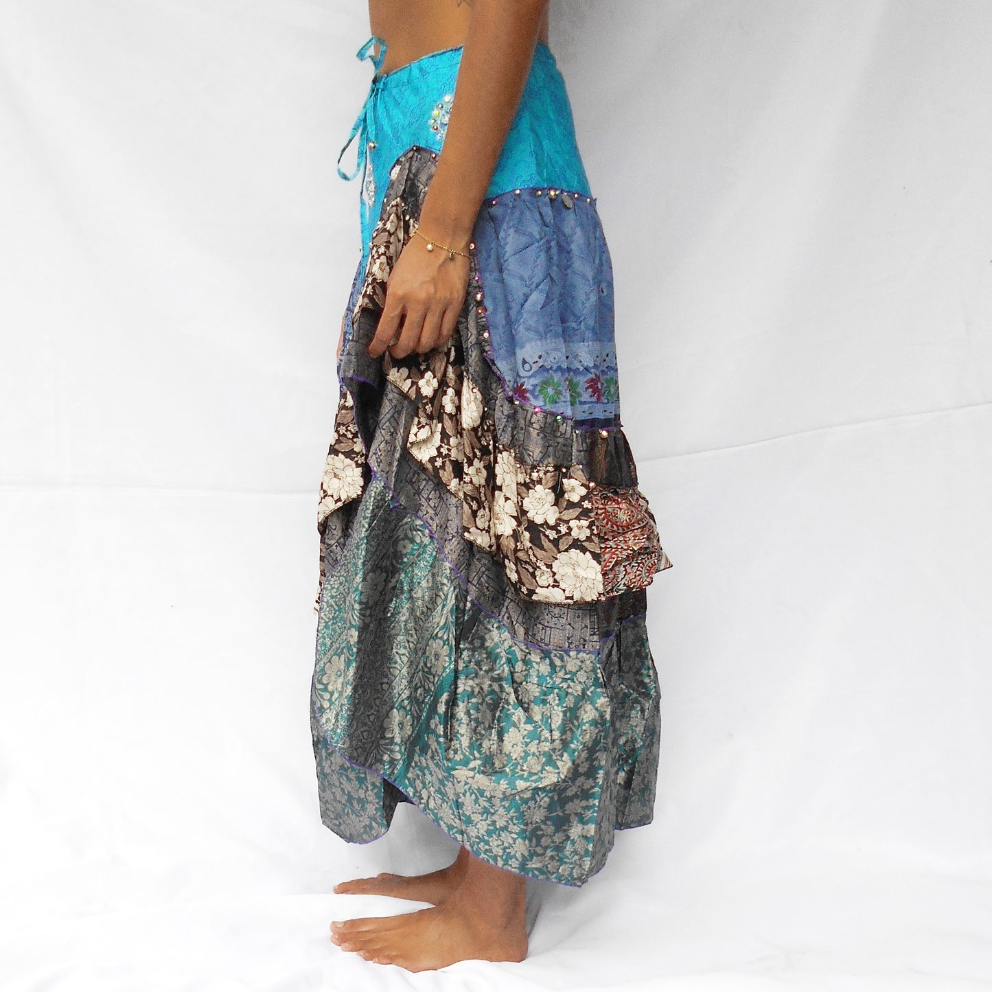 'Mystic Lagoon' Vintage Sari Drawstring Skirt | Hand-Embellished