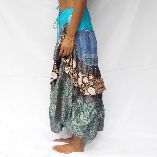 'Mystic Lagoon' Vintage Sari Drawstring Skirt | Hand-Embellished