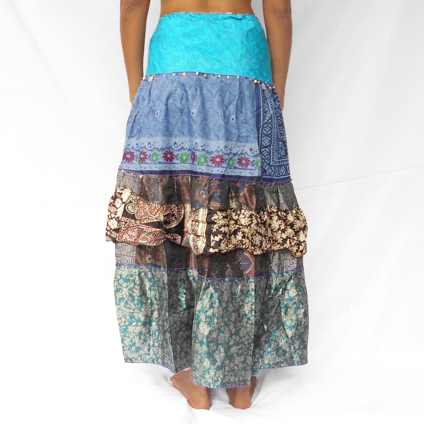 'Mystic Lagoon' Vintage Sari Drawstring Skirt | Hand-Embellished