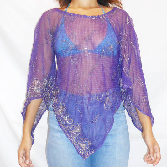 'Mystic Flora' Vintage Sari Kaftan Top | Hand-Embellished