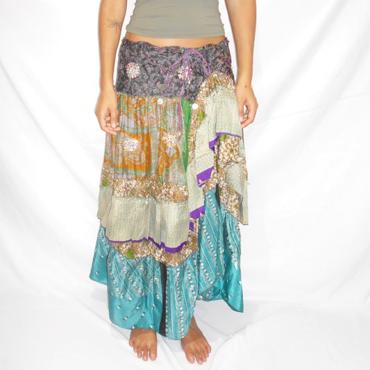 'Forest Jewel' Vintage Sari Drawstring Skirt | Hand-Embellished