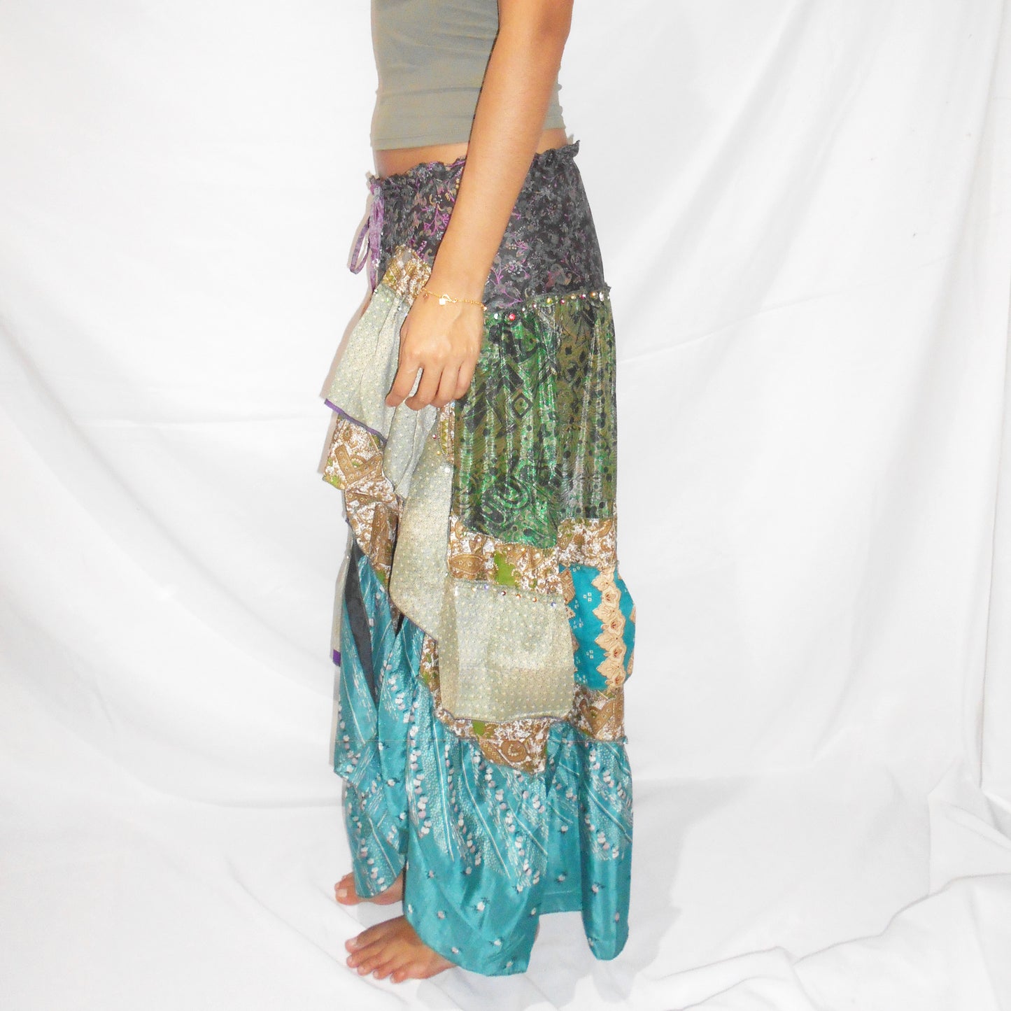 'Forest Jewel' Vintage Sari Drawstring Skirt | Hand-Embellished