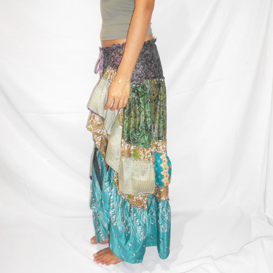 'Forest Jewel' Vintage Sari Drawstring Skirt | Hand-Embellished