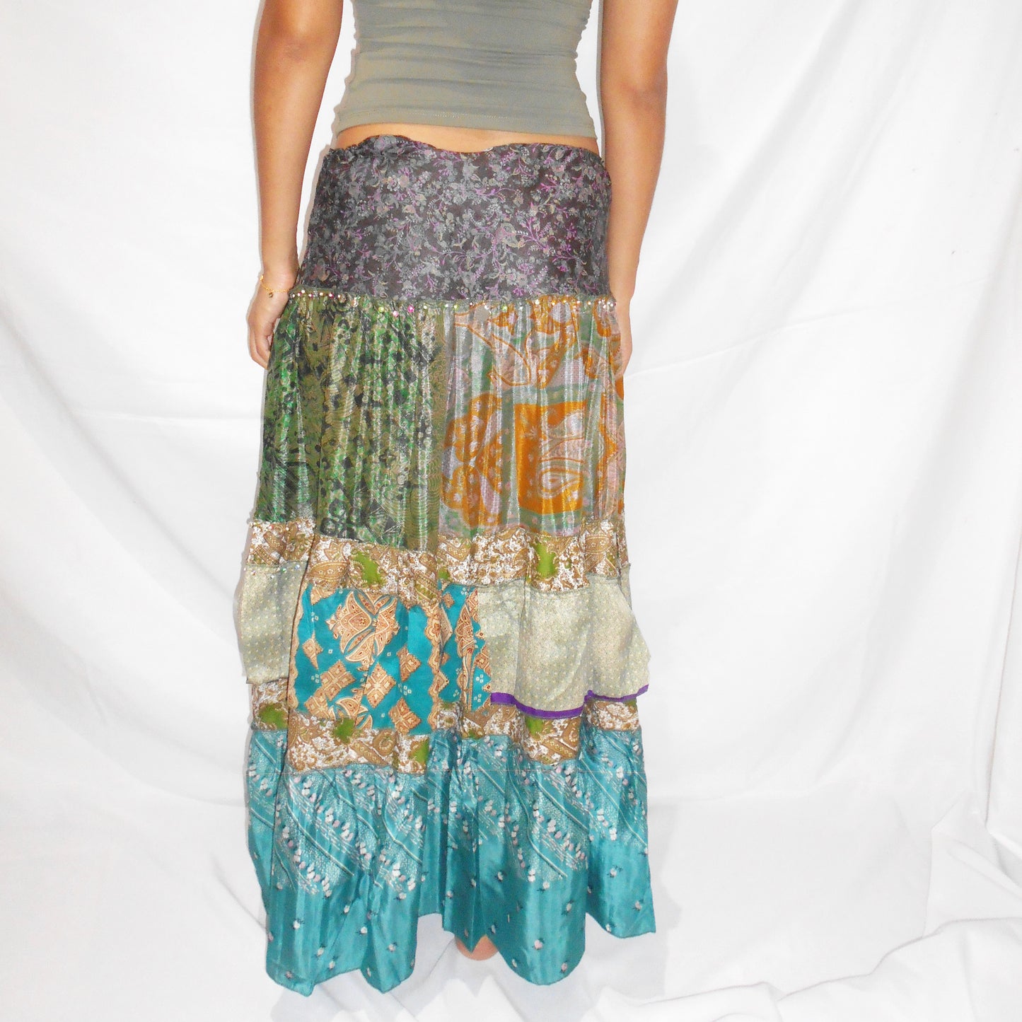 'Forest Jewel' Vintage Sari Drawstring Skirt | Hand-Embellished