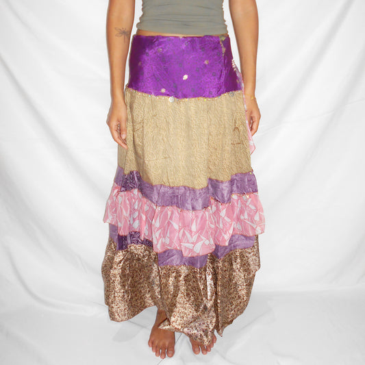 'Amethyst & Gold' Vintage Sari Drawstring Skirt | Hand-Embellished