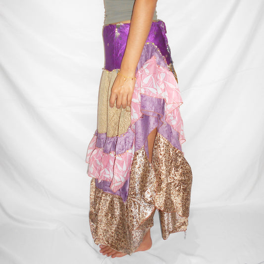 'Amethyst & Gold' Vintage Sari Drawstring Skirt | Hand-Embellished