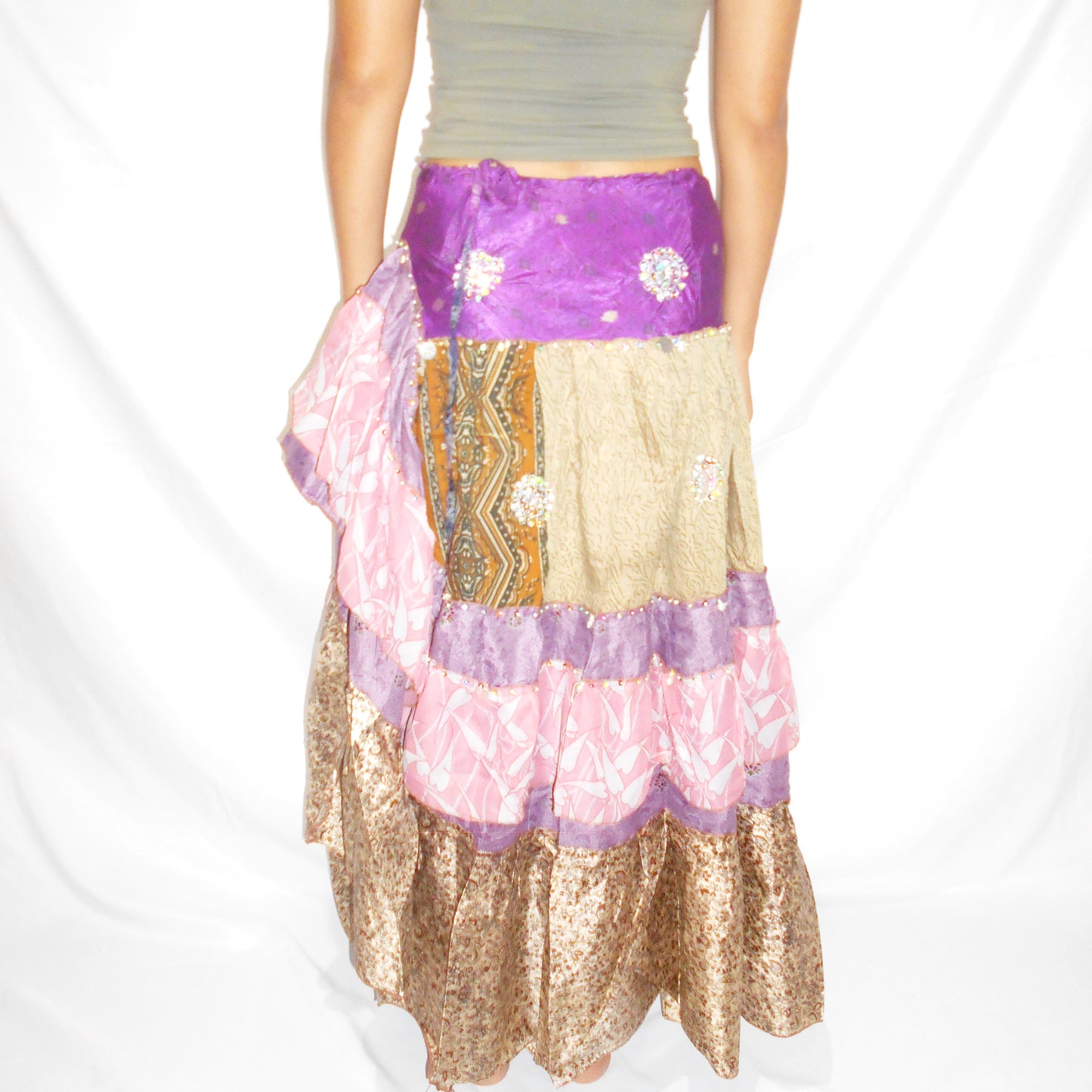 'Amethyst & Gold' Vintage Sari Drawstring Skirt | Hand-Embellished