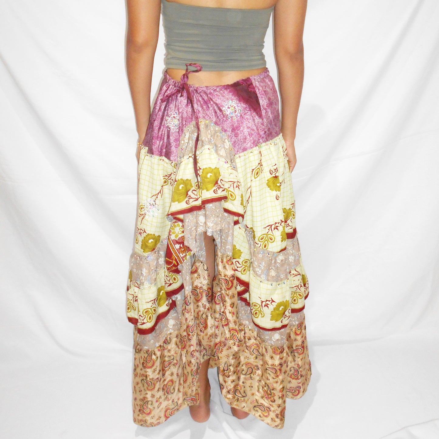 'Marigold & Mulberry' Vintage Sari Drawstring Skirt | Hand-Embellished