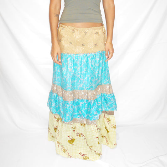 'Aqua Bloom' Vintage Sari Drawstring Skirt | Hand-Embellished