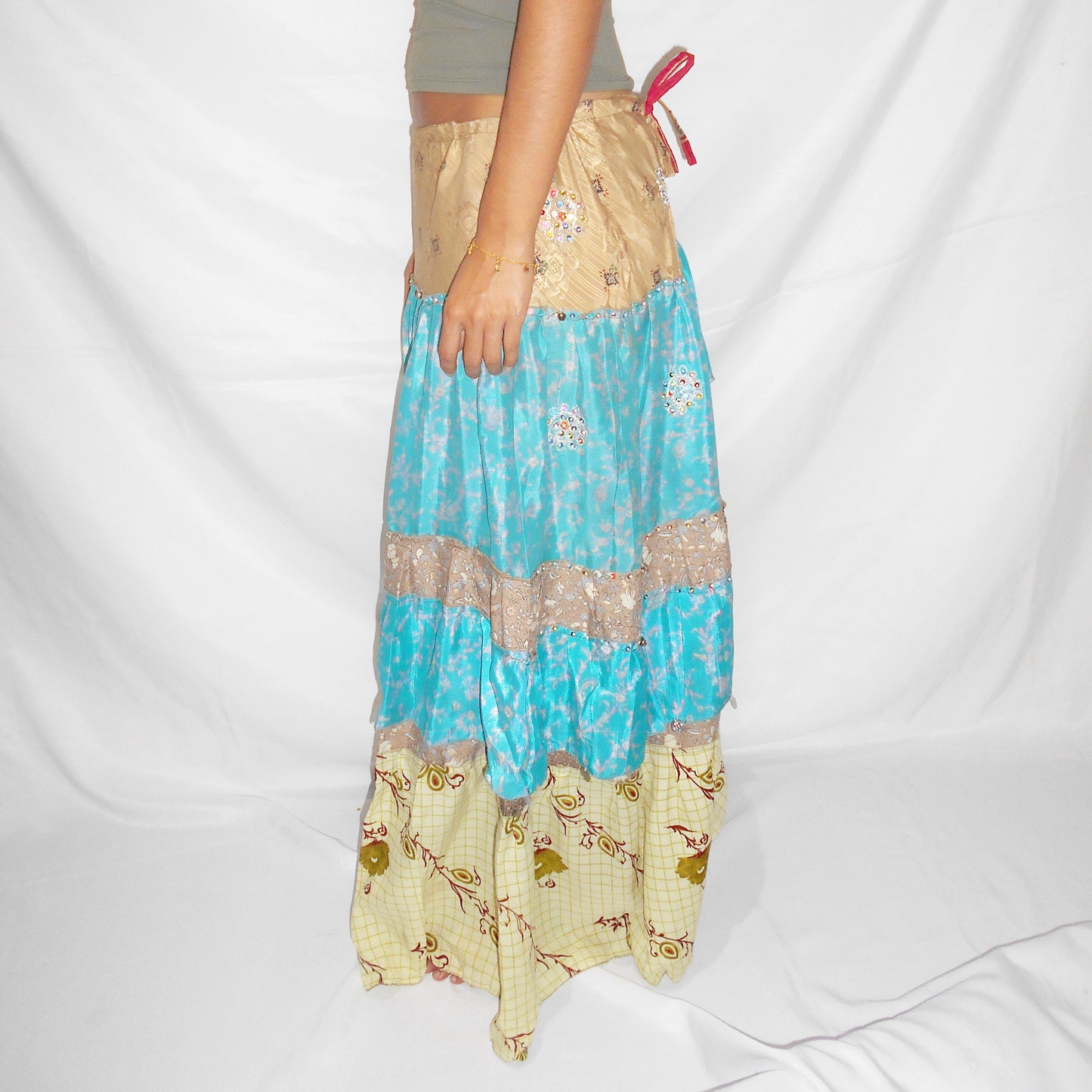 'Aqua Bloom' Vintage Sari Drawstring Skirt | Hand-Embellished