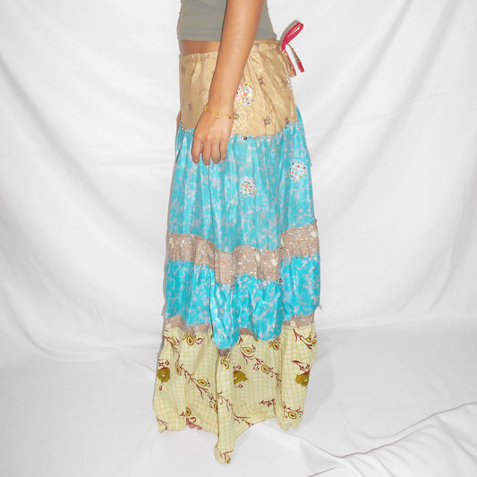 'Aqua Bloom' Vintage Sari Drawstring Skirt | Hand-Embellished