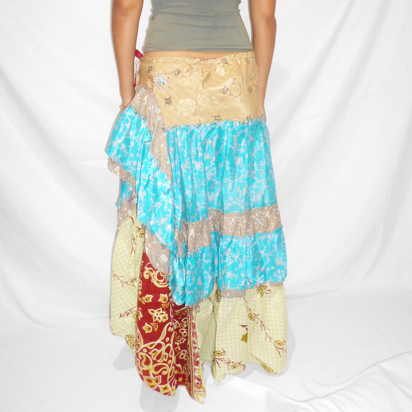 'Aqua Bloom' Vintage Sari Drawstring Skirt | Hand-Embellished