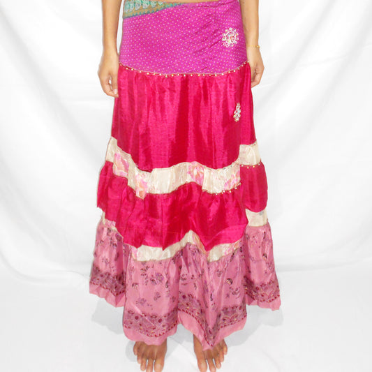 'Fuchsia Fantasia' Vintage Sari Drawstring Skirt | Hand-Embellished