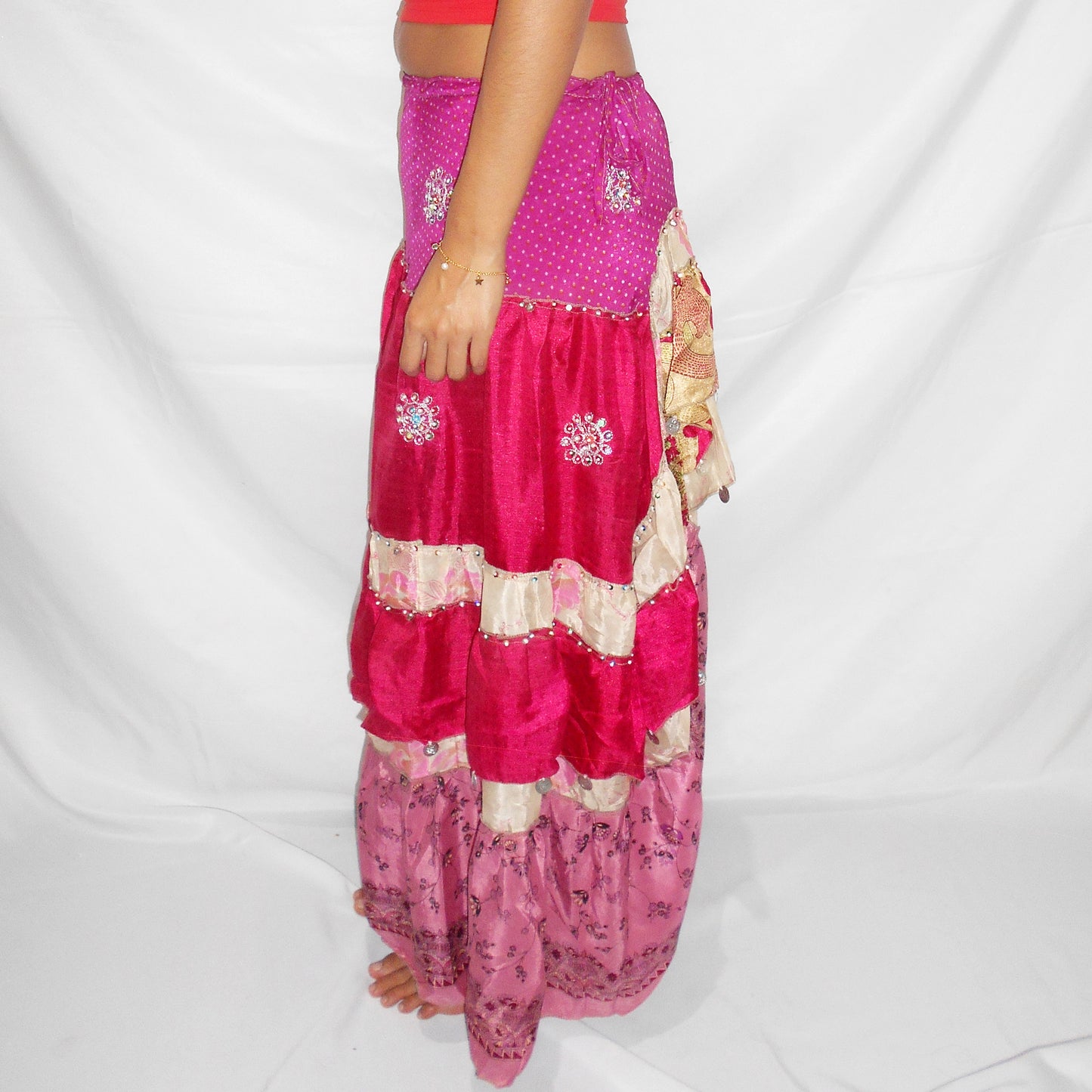 'Fuchsia Fantasia' Vintage Sari Drawstring Skirt | Hand-Embellished