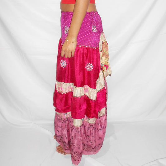 'Fuchsia Fantasia' Vintage Sari Drawstring Skirt | Hand-Embellished