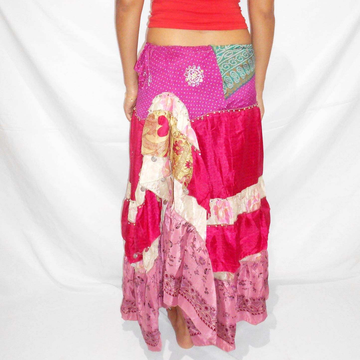 'Fuchsia Fantasia' Vintage Sari Drawstring Skirt | Hand-Embellished