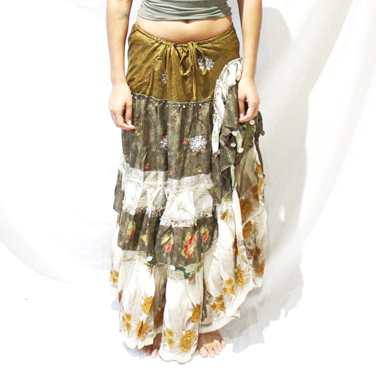 'Golden Grove' Vintage Sari Drawstring Skirt | Hand-Embellished