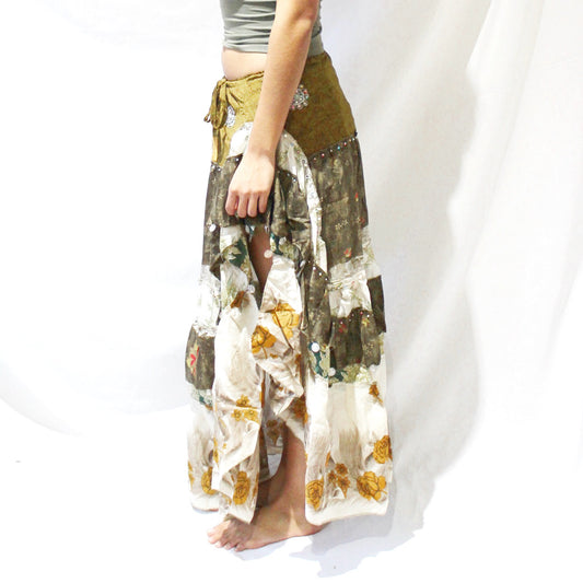 'Golden Grove' Vintage Sari Drawstring Skirt | Hand-Embellished