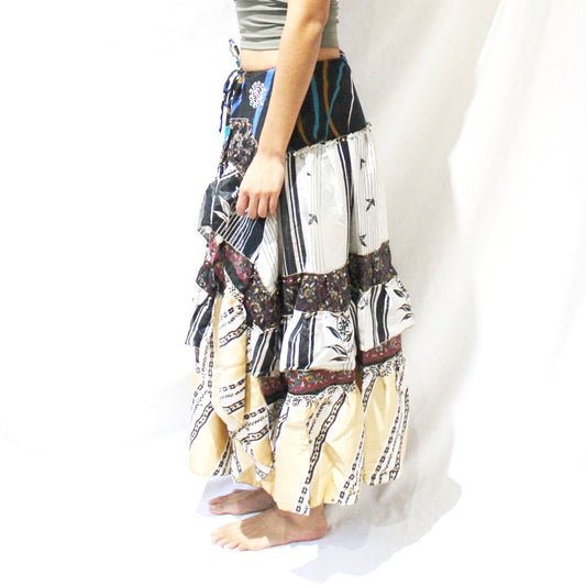 'Midnight Bloom' Vintage Sari Drawstring Skirt | Hand-Embellished