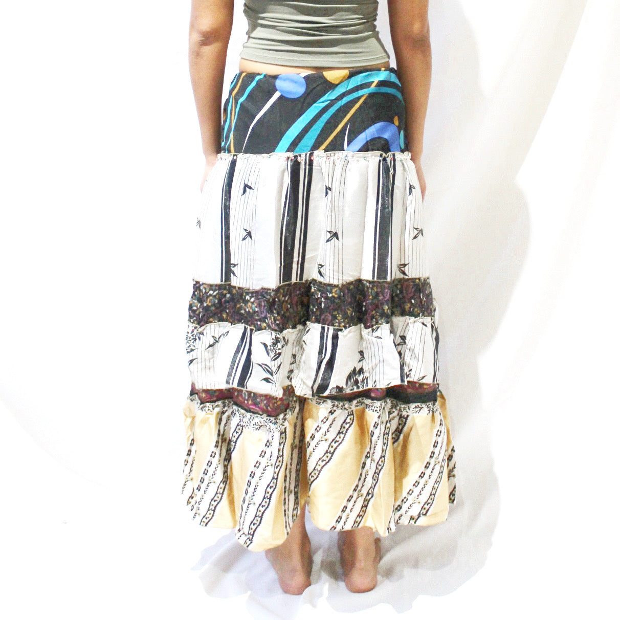'Midnight Bloom' Vintage Sari Drawstring Skirt | Hand-Embellished