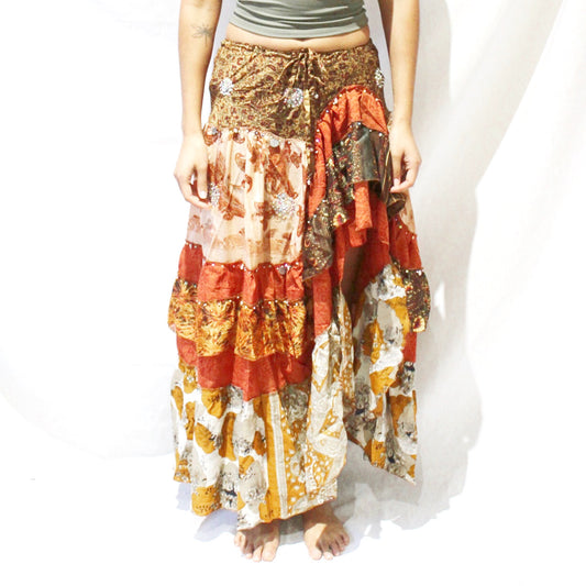 'Autumn Ember' Vintage Sari Drawstring Skirt | Hand-Embellished