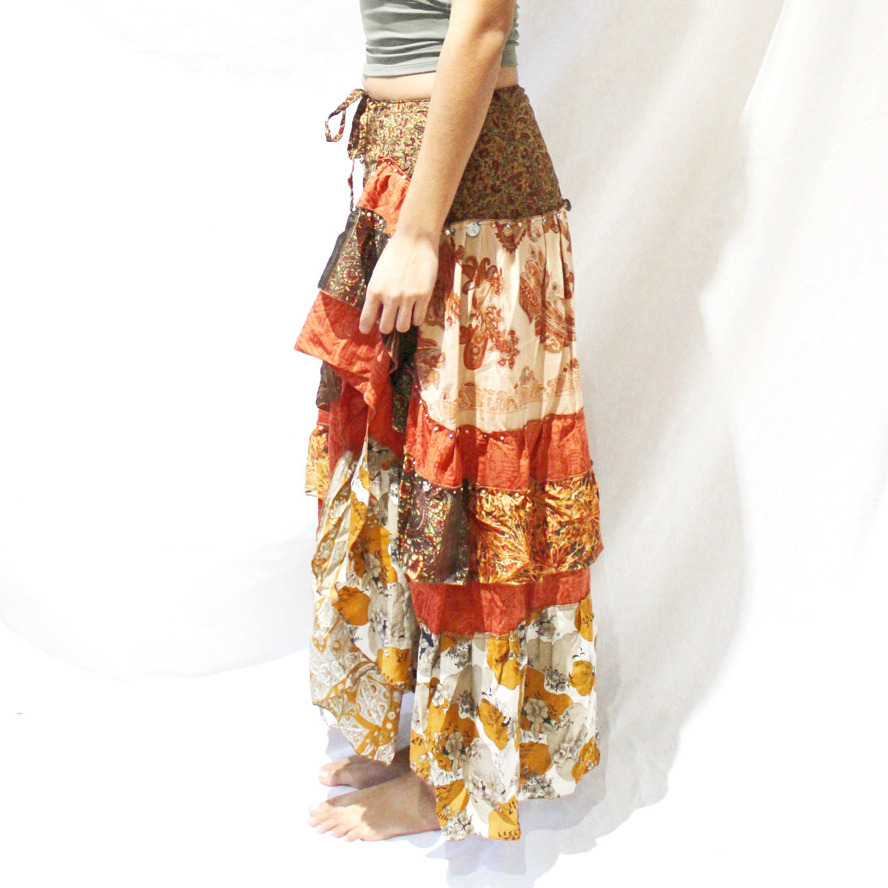 'Autumn Ember' Vintage Sari Drawstring Skirt | Hand-Embellished