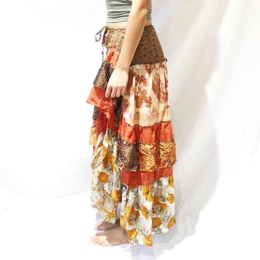'Autumn Ember' Vintage Sari Drawstring Skirt | Hand-Embellished