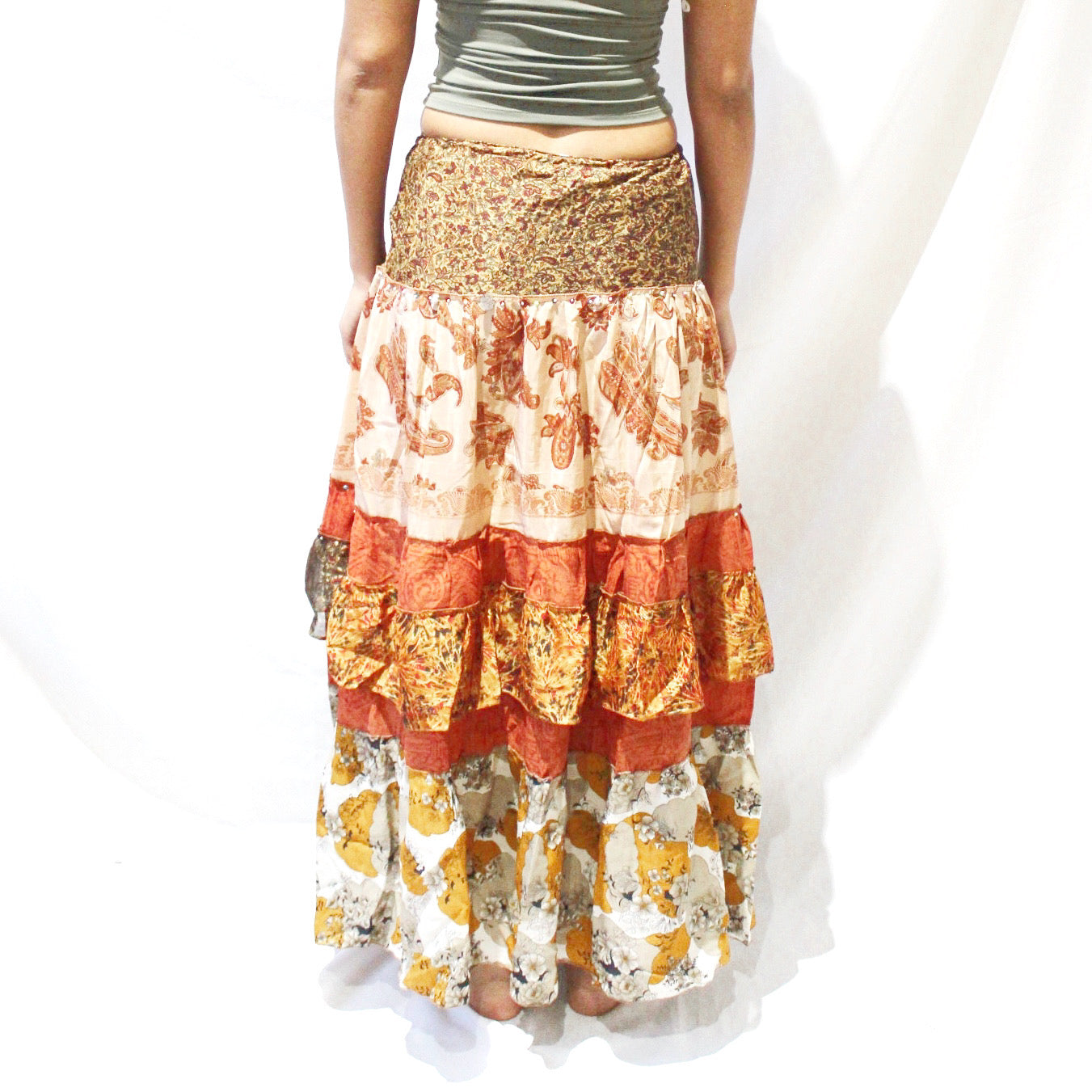 'Autumn Ember' Vintage Sari Drawstring Skirt | Hand-Embellished