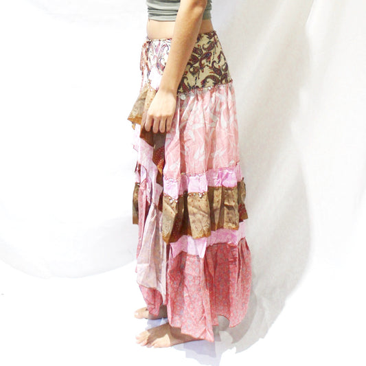 'Blushing Paisley' Vintage Sari Drawstring Skirt | Hand-Embellished