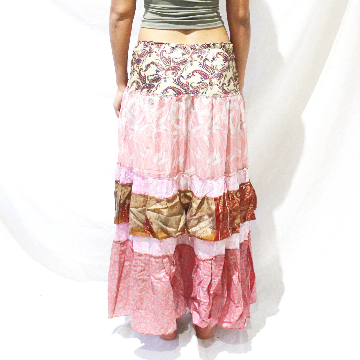 'Blushing Paisley' Vintage Sari Drawstring Skirt | Hand-Embellished