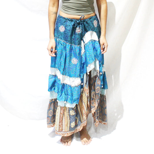 'Cerulean Oasis' Vintage Sari Drawstring Skirt | Hand-Embellished
