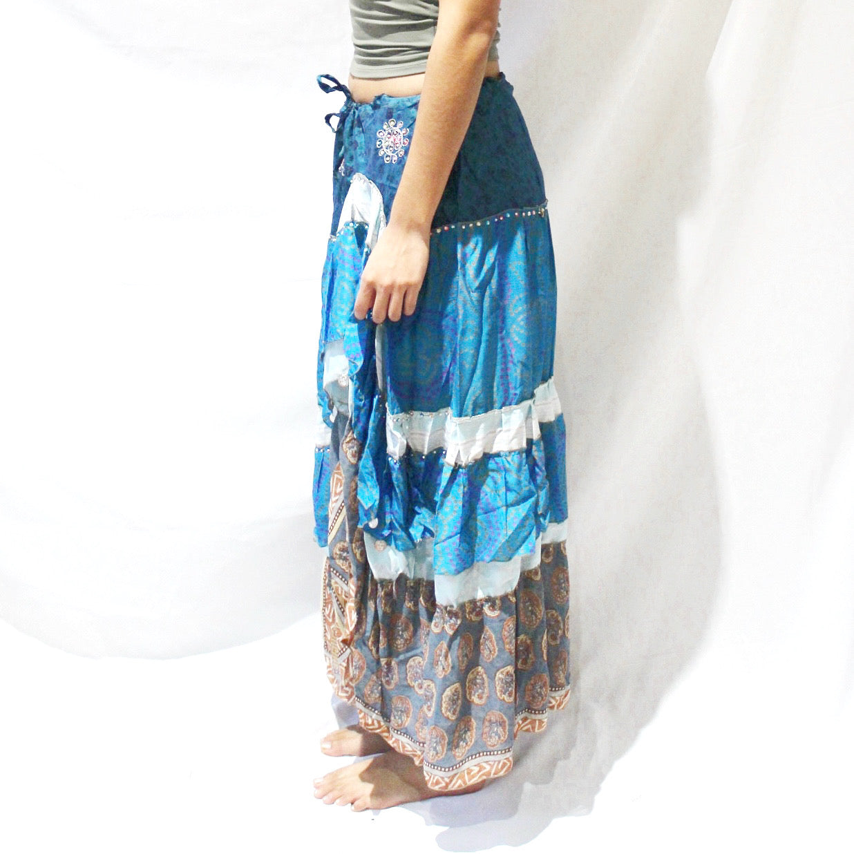 'Cerulean Oasis' Vintage Sari Drawstring Skirt | Hand-Embellished