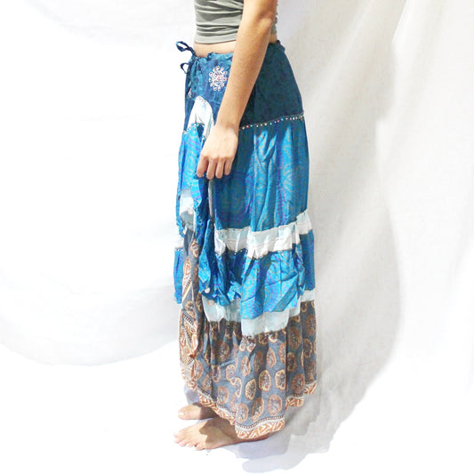 'Cerulean Oasis' Vintage Sari Drawstring Skirt | Hand-Embellished