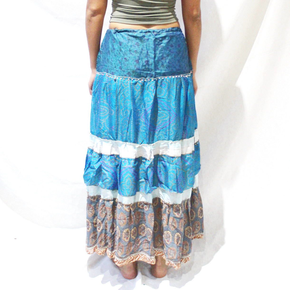 'Cerulean Oasis' Vintage Sari Drawstring Skirt | Hand-Embellished