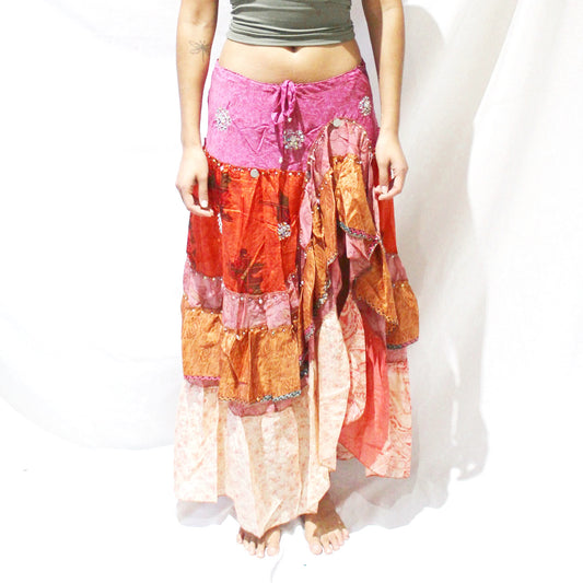 'Fuchsia Flare' Vintage Sari Drawstring Skirt | Hand-Embellished