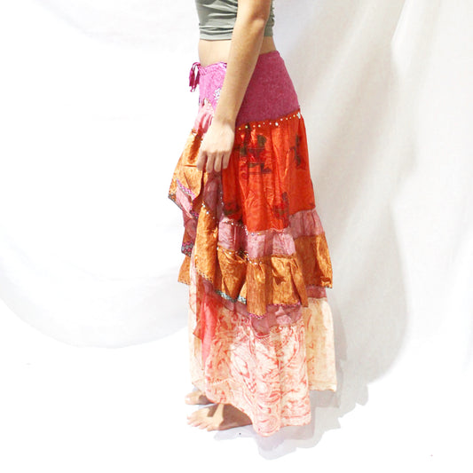 'Fuchsia Flare' Vintage Sari Drawstring Skirt | Hand-Embellished