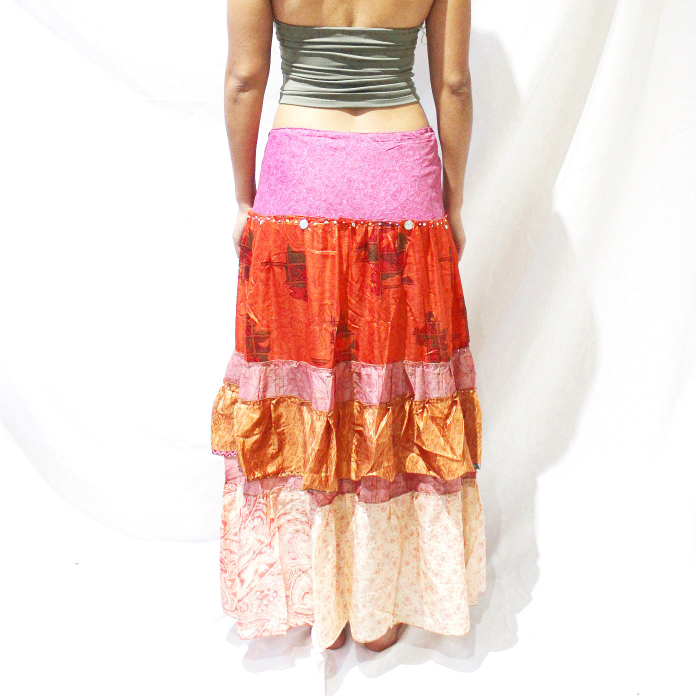 'Fuchsia Flare' Vintage Sari Drawstring Skirt | Hand-Embellished