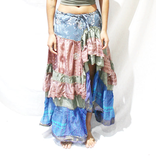 'River Bloom' Vintage Sari Drawstring Skirt | Hand-Embellished