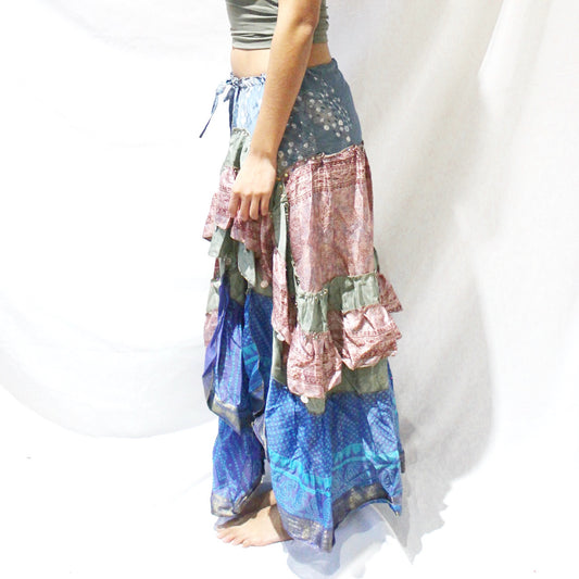 'River Bloom' Vintage Sari Drawstring Skirt | Hand-Embellished