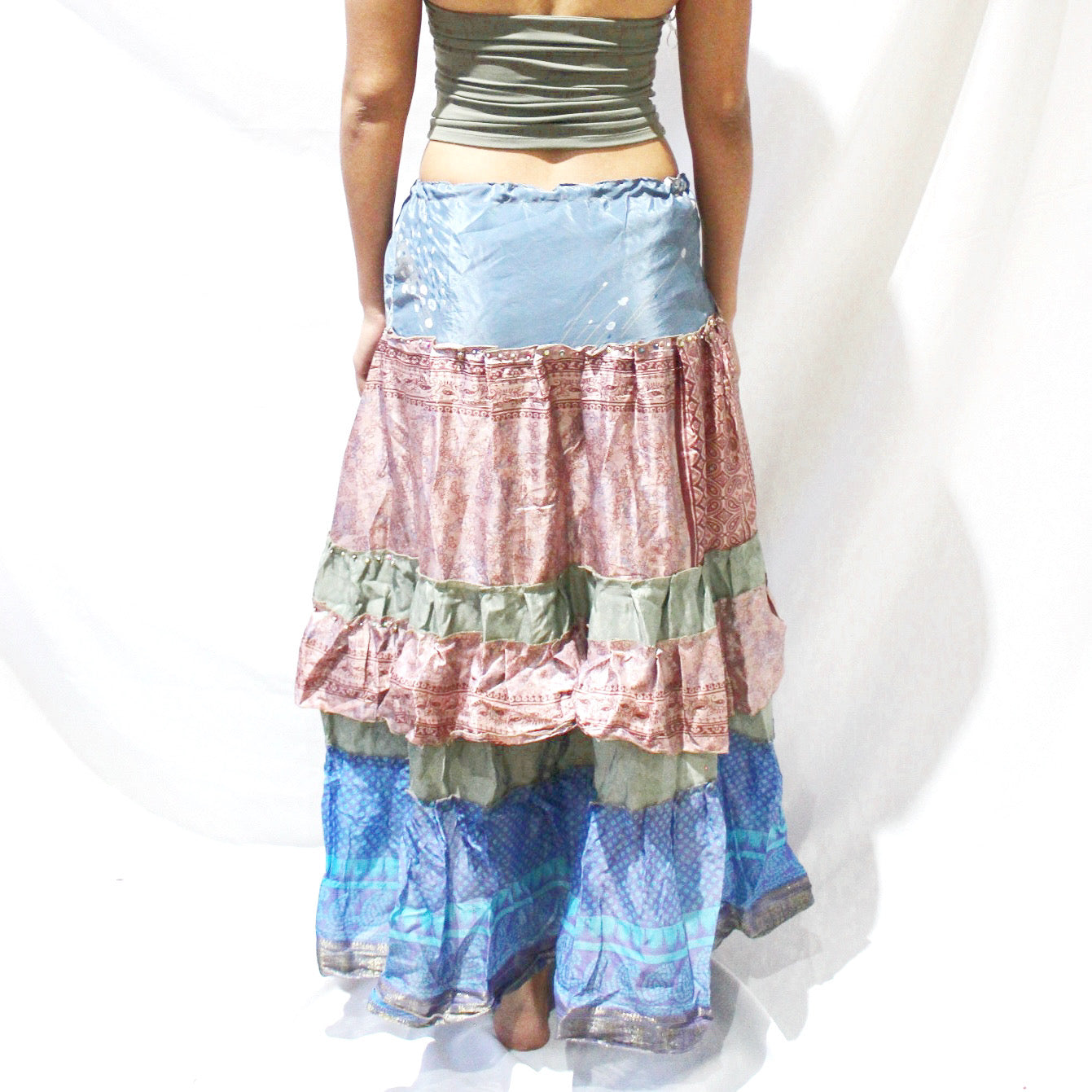 'River Bloom' Vintage Sari Drawstring Skirt | Hand-Embellished