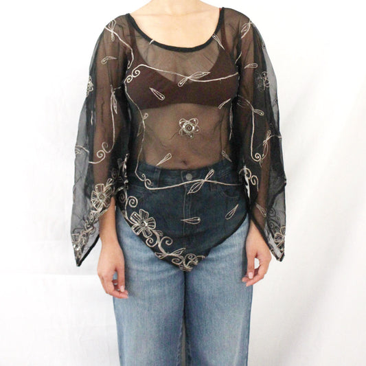 'Silver Vine' Vintage Sari Kaftan Top | Hand-Embellished