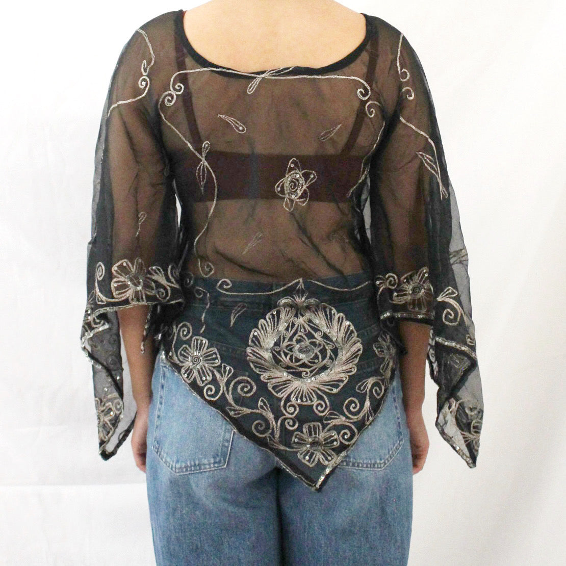 'Silver Vine' Vintage Sari Kaftan Top | Hand-Embellished