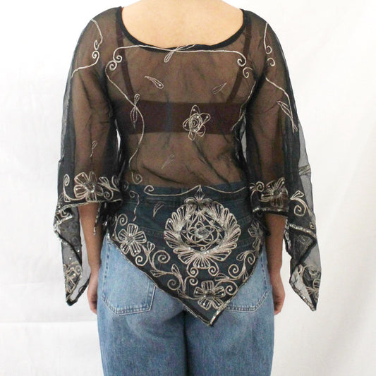 'Silver Vine' Vintage Sari Kaftan Top | Hand-Embellished