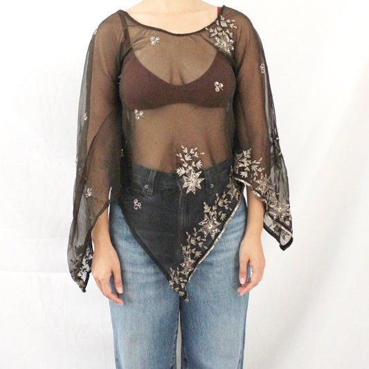 'Gilded Starflower' Vintage Sari Kaftan Top | Hand-Embellished