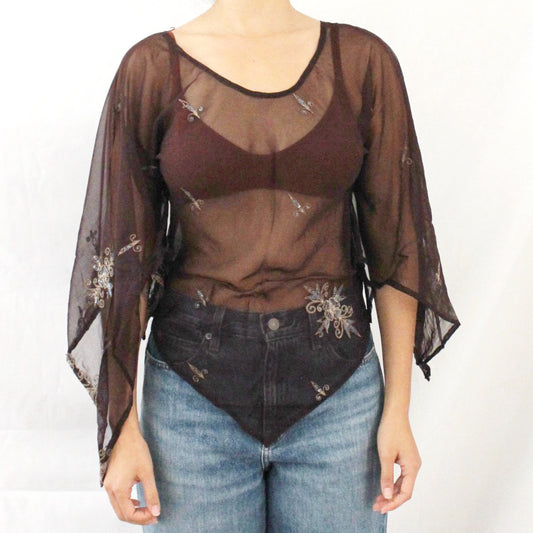 'Nocturne Bloom' Vintage Sari Kaftan Top | Hand-Embellished
