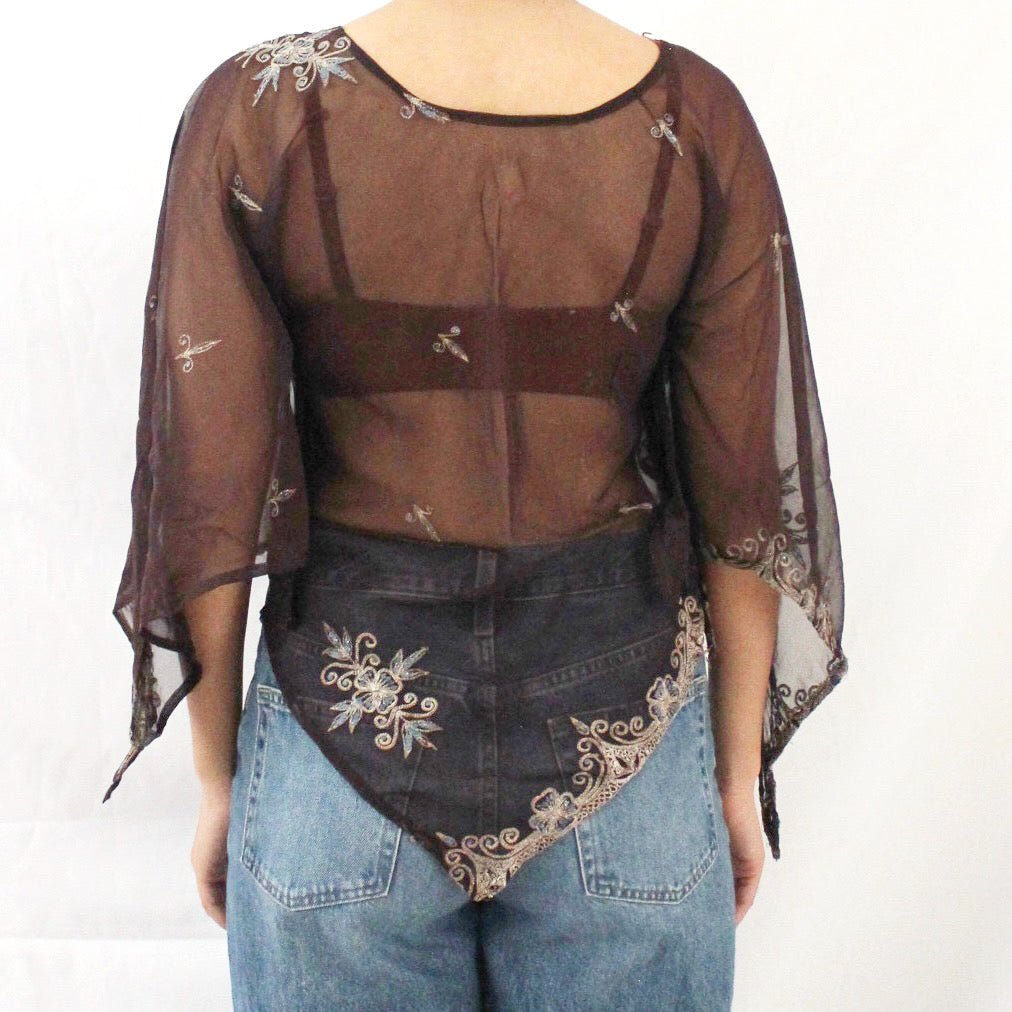 'Nocturne Bloom' Vintage Sari Kaftan Top | Hand-Embellished