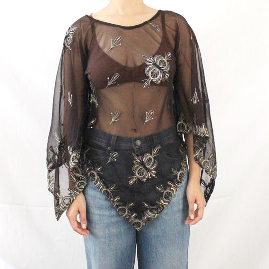 'Gilded Deco' Vintage Sari Kaftan Top | Hand-Embellished