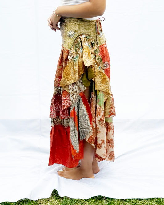'Marigold' Vintage Sari Drawstring Skirt | Hand-Embellished